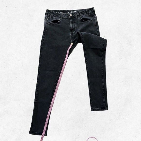 NICCE Men’s Sz L 32" Waist Washed Black Skinny Fit Jeans Back Logo RIPPED!‎ - Picture 12 of 14